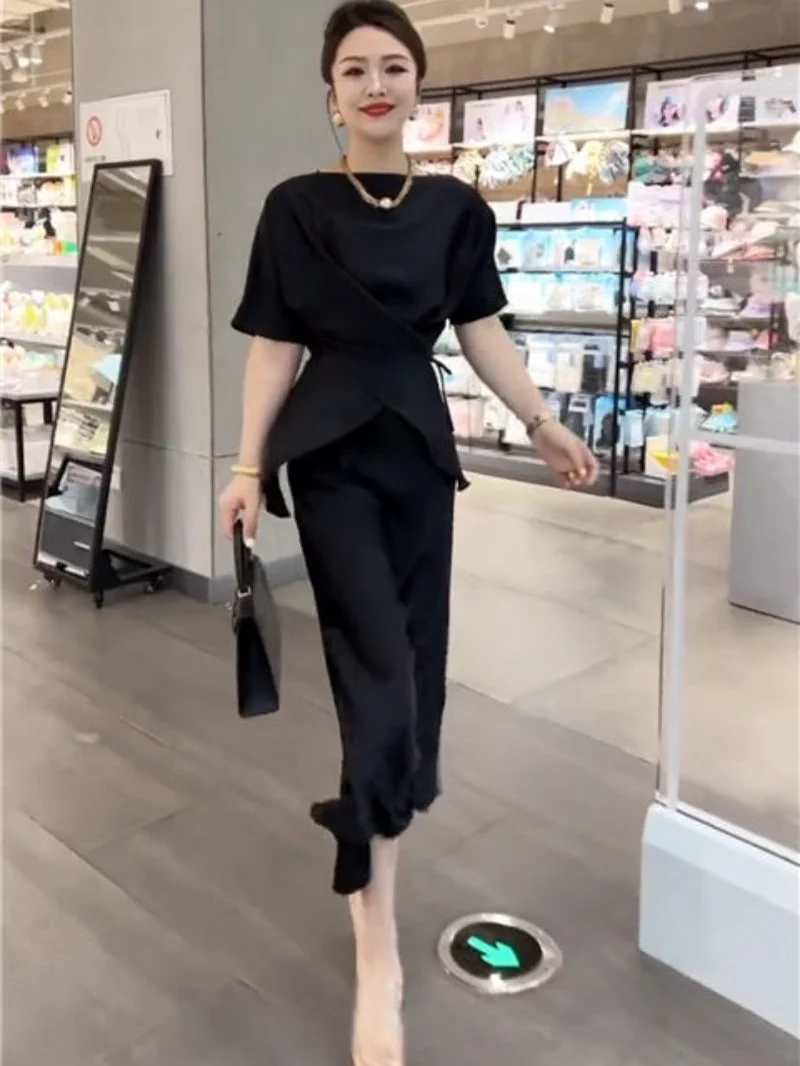 Woman Outfit Short Sleeve Asymmetrical Midi Party Sexy Skirt 2 Pieces Sets for Women Chic and Elegant Summer Clothes 2024 Korea