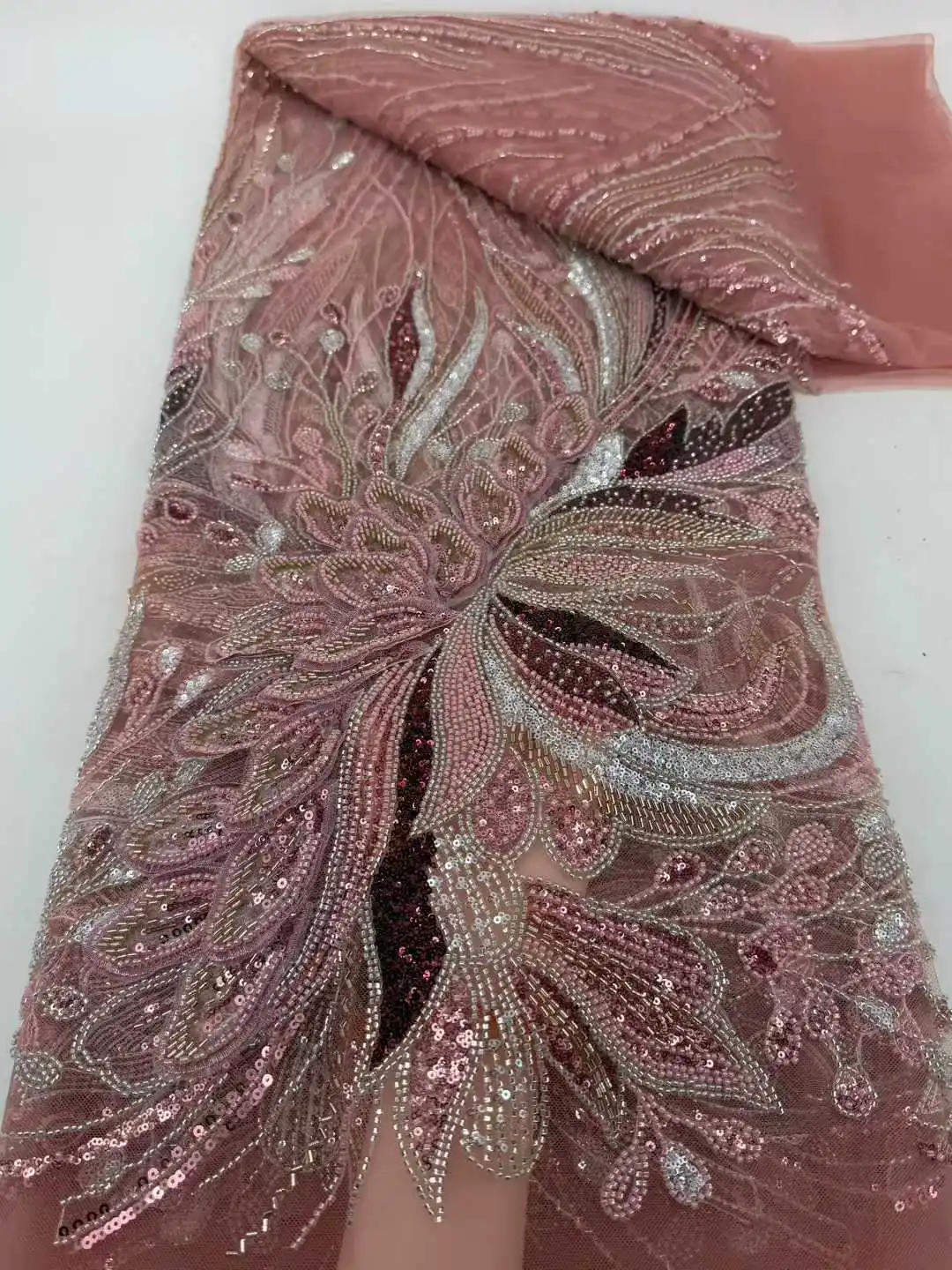 5 Yards Luxury African Sequins Groom Lace Fabric 2026 High Quality French Nigerian Beaded Lace Fabric for Wedding Dress SZ1985