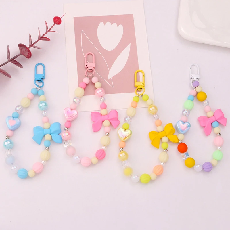 Colorful Bowknot Bead Chain Key Chain Pendant Fresh Color-plated Heart Beaded Accessories Headphone Case Bag Charm Decoration