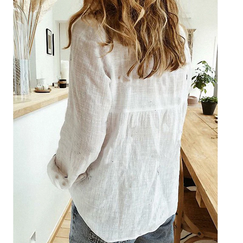 Summer Elegant Womens Shirts Button Lapel Cardigan Top Lady Loose Long Sleeve Autumn Cotton Linen Blouses Casual 21403