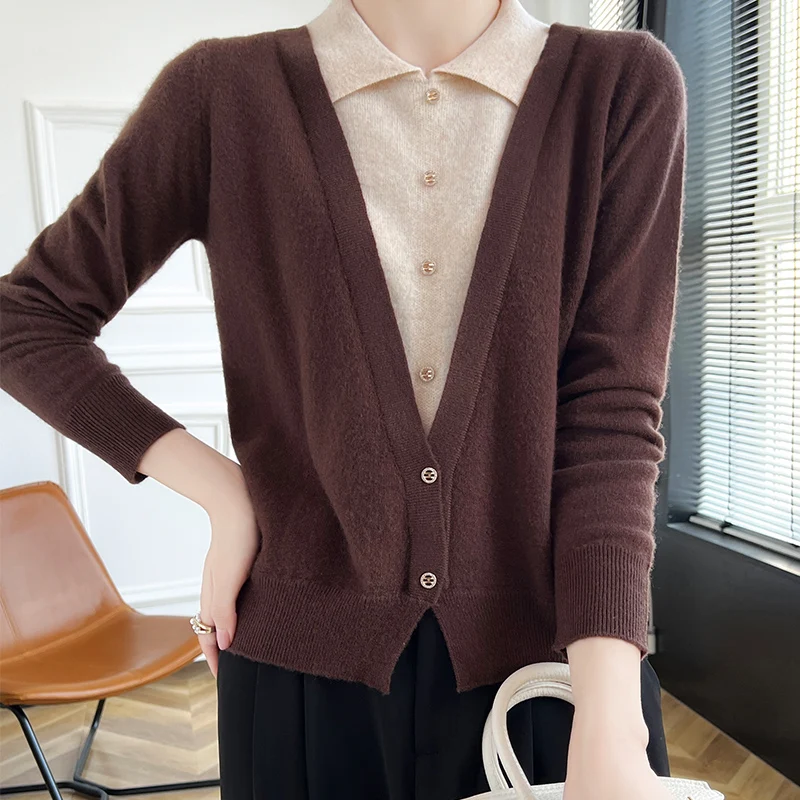 

Fashion Women 100% Merino Wool Fake Two-Piece Knit Cardigan Long Sleeves Cashmere Casual Color-Blocked Soft Warm Clothing Top