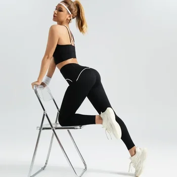 Tuta sportiva da yoga da donna Due pezzi Yoga Set fitness nero Pantaloni attillati a vita alta Abbigliamento sportivo Reggiseno elastico alto Palestra Abiti push up