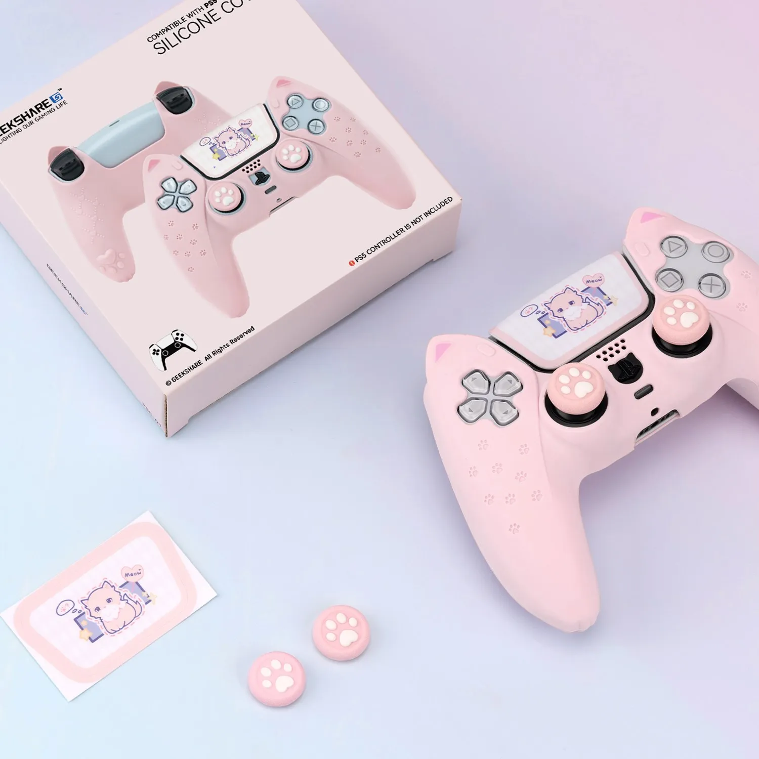 GeekShare PS5 Controller Case Set Silicone Cute Cat Thumb Grip Caps + PS5 Controller Shell Cover + Stiker For SONY Playstation 5