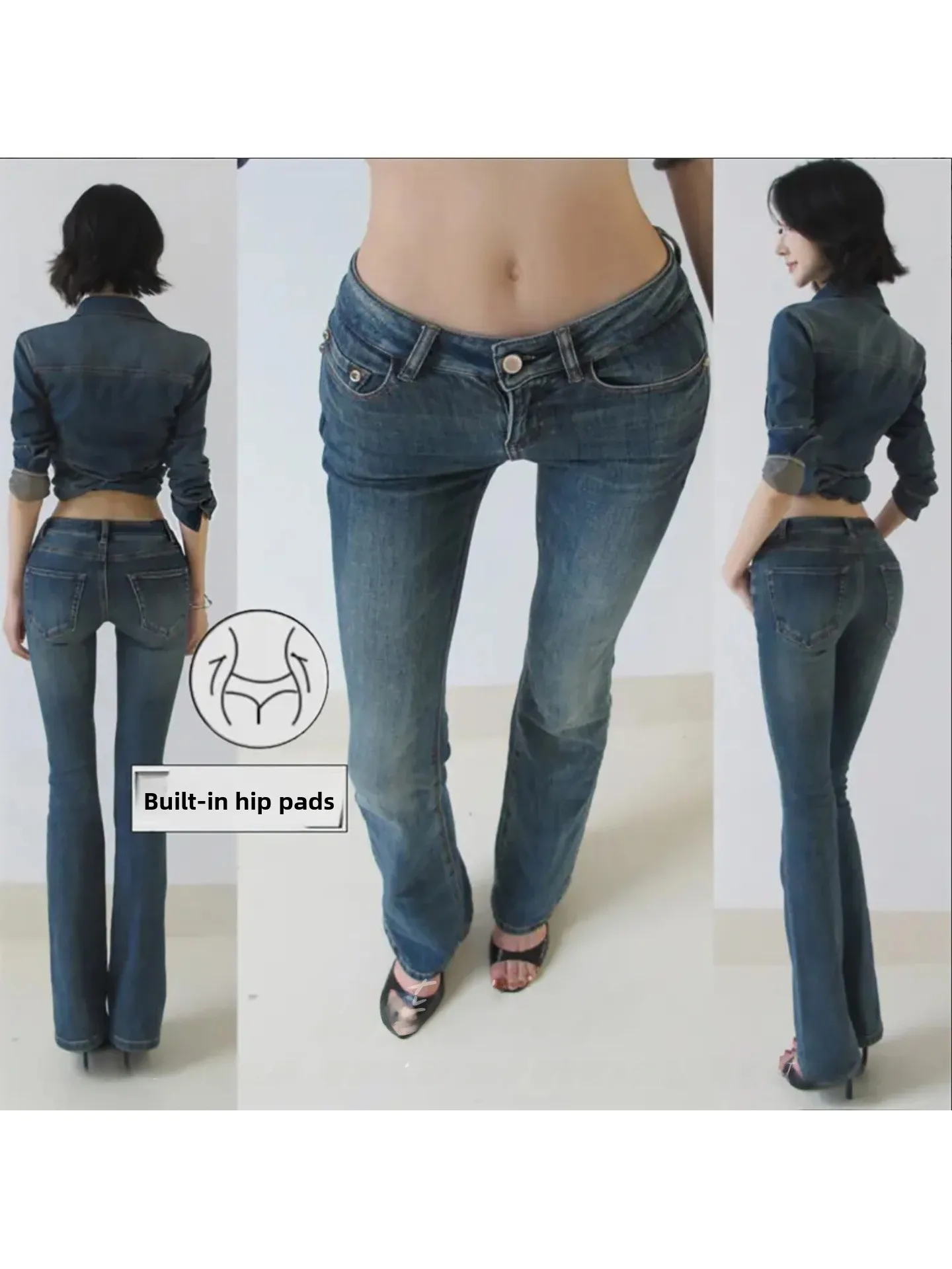 

Ретро-джинсы-клеш в американском стиле для женщин: облегающие, с низкой посадкой, из хлопкового стрейч-денима, с эффектом похудения и вставками для придания объема на бедрах