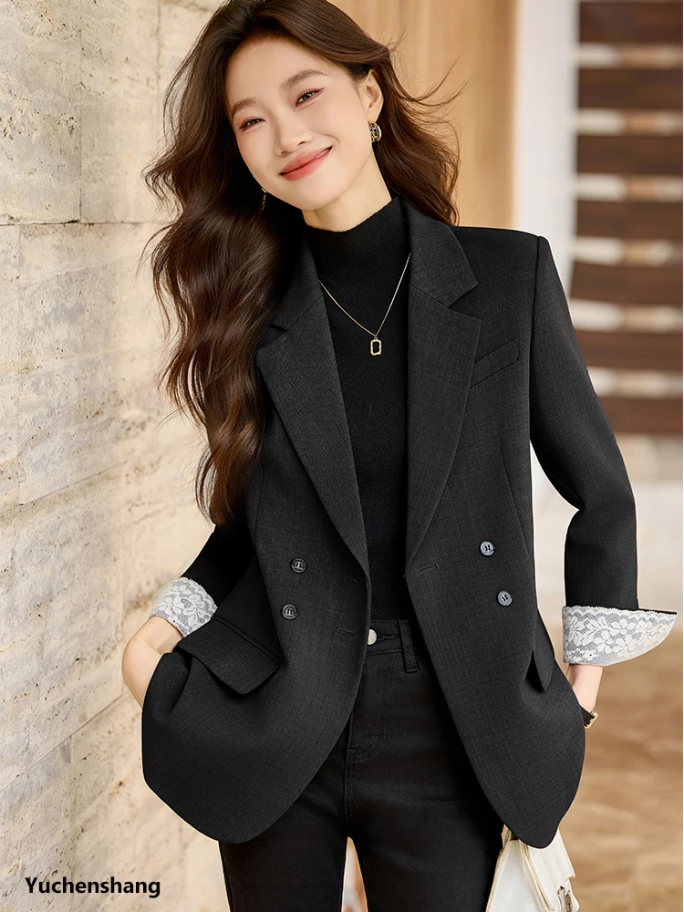 Beżowo-szaro-czarna damska marynarka casual damska luźna kurtka jesienno-zimowa