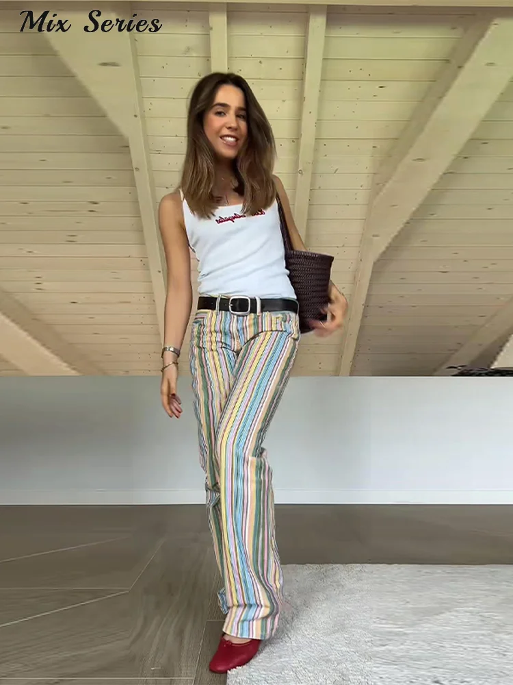 Fashion Color Block Rainbow Stripe Jeans Women's Low Rise Wide Leg Zippers Pant… - Image 5