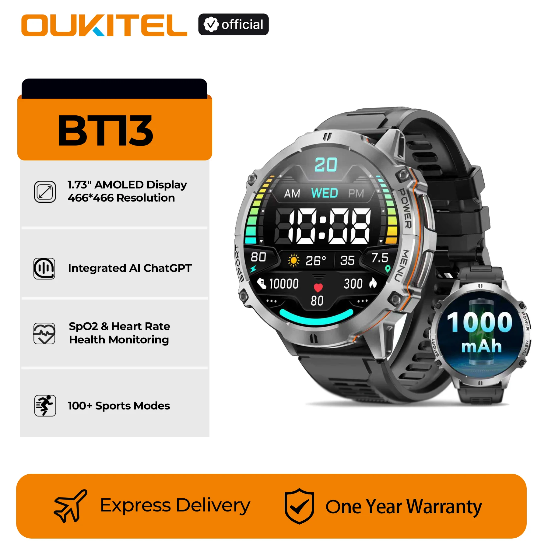 

Смарт-часы OUKITEL BT13 для мужчин, 1,73 дюйма, AMOLED, 1000 мАч, AI ChatGPT, Bluetooth-звонки, мониторинг здоровья кислорода в крови, фитнес-часы