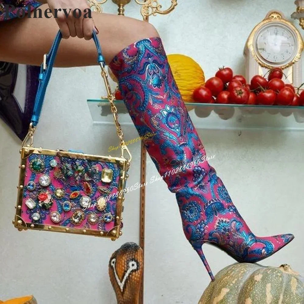 

Knee High Luxury Mixed Color Boots Thin High Heel Runway Shoes For Women Slip On Pointed Toe 2024 Fashion Zapatos Para Mujere