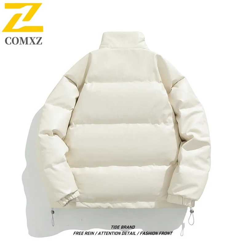 COMXZ Men Puffer Jacket Stand Collar Outdoor Snow Ski Windproof Warm PU Leather Coat Fashion Korean Fashion Autumn Winter Parkas