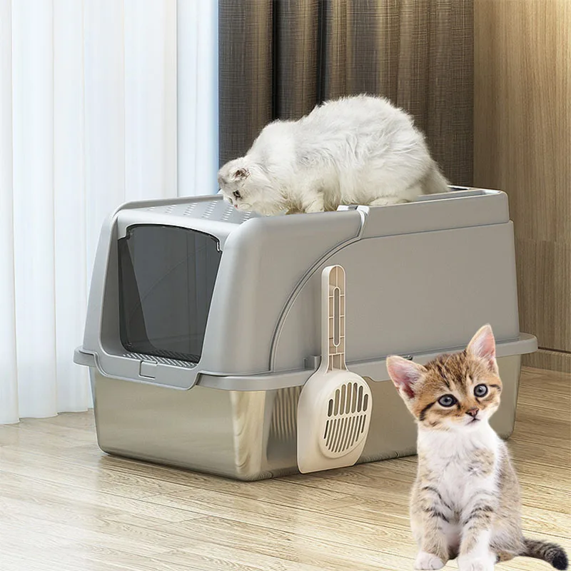 

Stainless Steel Cat Litter Box Enclosed Cat Litter Boxes With Lid Extra Large Metal Kitty Litterbox Anti-Splash Pet Toilet