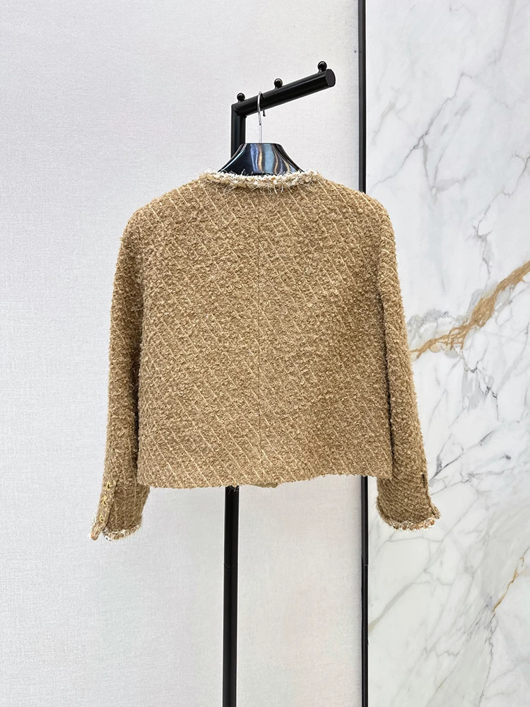 Spring Autumn Fashion Light Brown Vintage Straight Barrel Jackets Women's O-Neck Weaving Pocket Long Sleeve Single Breasted Coat