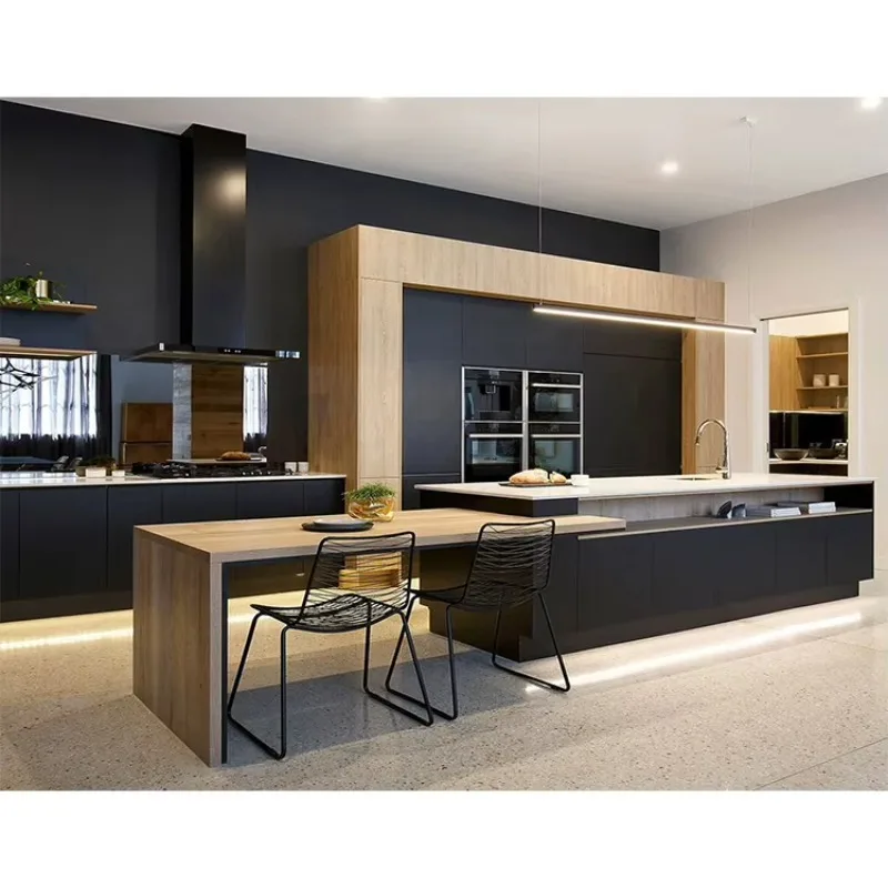 China Factory Design Ready Made Water Resistant Plywood Kitchen Unite Cabinets Modern Complete Set Black Fitted Kitchen Cabinet