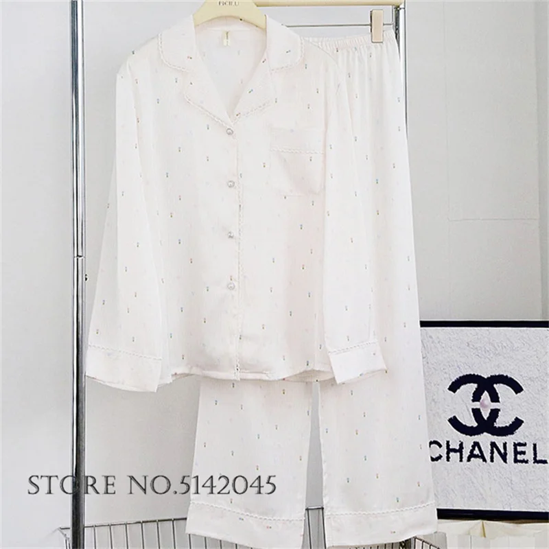 

Print Flower Pajamas Two-Piece Set Lounge Wear Spring Autumn New Women Sleepwear Pijamas Suit Silky Satin Home Clothes Pyjama