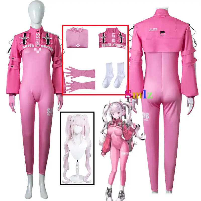 Nikke Alice Cosplay Anime Costume Latex Jacket Women Sexy Pink Jumpsuit Coat Party Set Wig