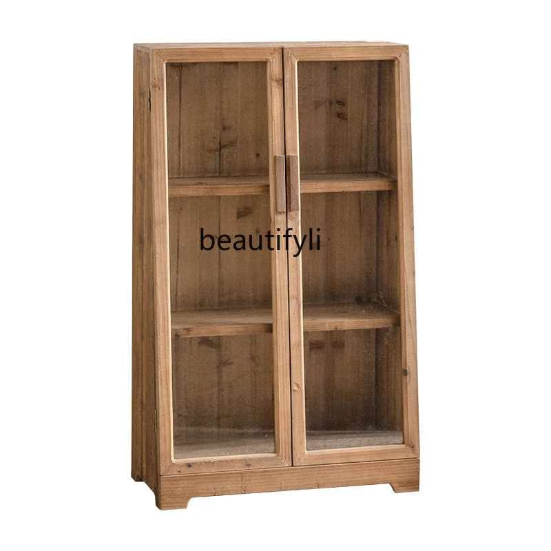 American solid wood wine cabinet display display cabinet glass door multi-layer retro old pine bookcase