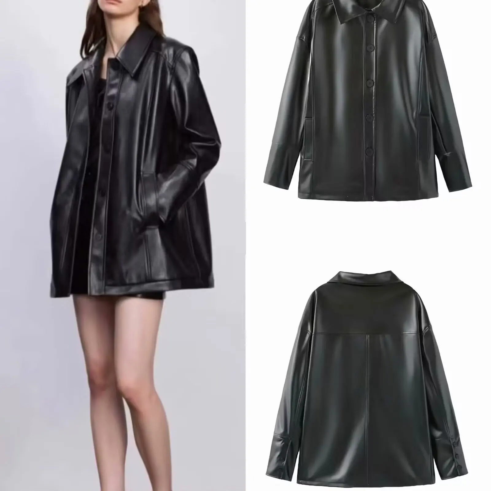 ZBZR Faionable Leather Jaet ort irt Collar Autumn Winter New Women's Ele Simple Sle Polyester Fiber Coat
