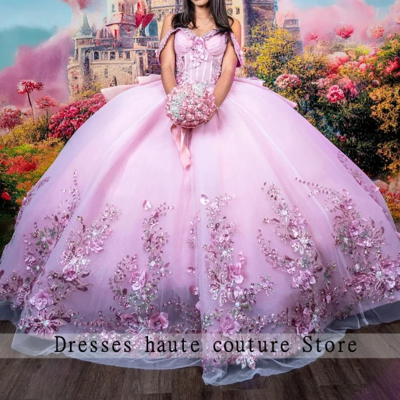 

Pink Ball Gown Quinceanera Dresses Off The Shoulder Sequin Applique Flower Beads Tull Party Birthday Sweet 16 Dress Vestidos 15