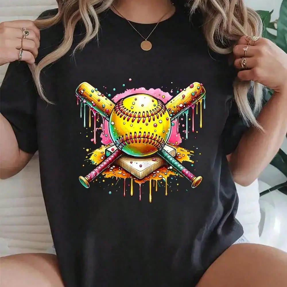 Softball Mama Home Plate Drip Coquette Bow Women Sports Printed T-Shirt Women s Casual Short Sleeve Crew Neck T-Shirts