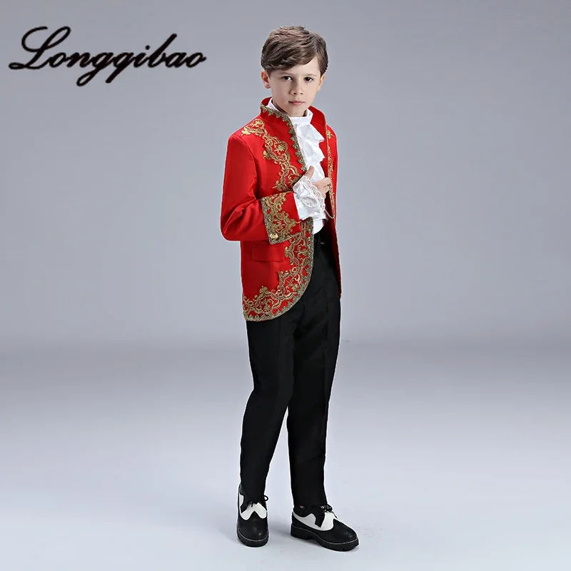 Boys European Style Court Drama Costume Children Golden Flower Stage Prince Charming Performance Clothing Set Kids Blazer Pants