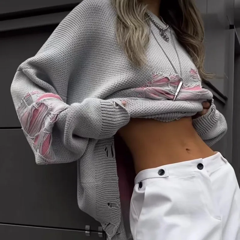 Casual Hollow Out Patchwork Knitted Women's Sweater Oversized O-neck Long Sleeve Basic Jumpers Female 2023 Autumn Streetwear Top