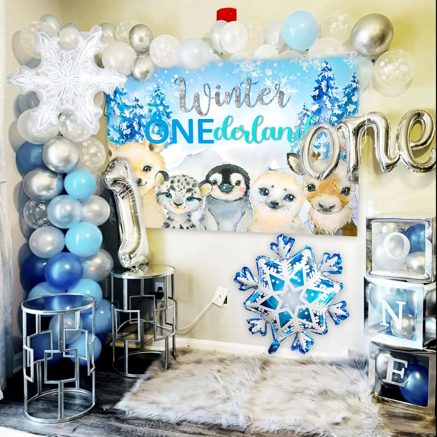 Laventy Winter Onederland 1st Birthday Decoration Snowflake First Birthday Party Backdrop Penguins Number Foil 1 Balloons