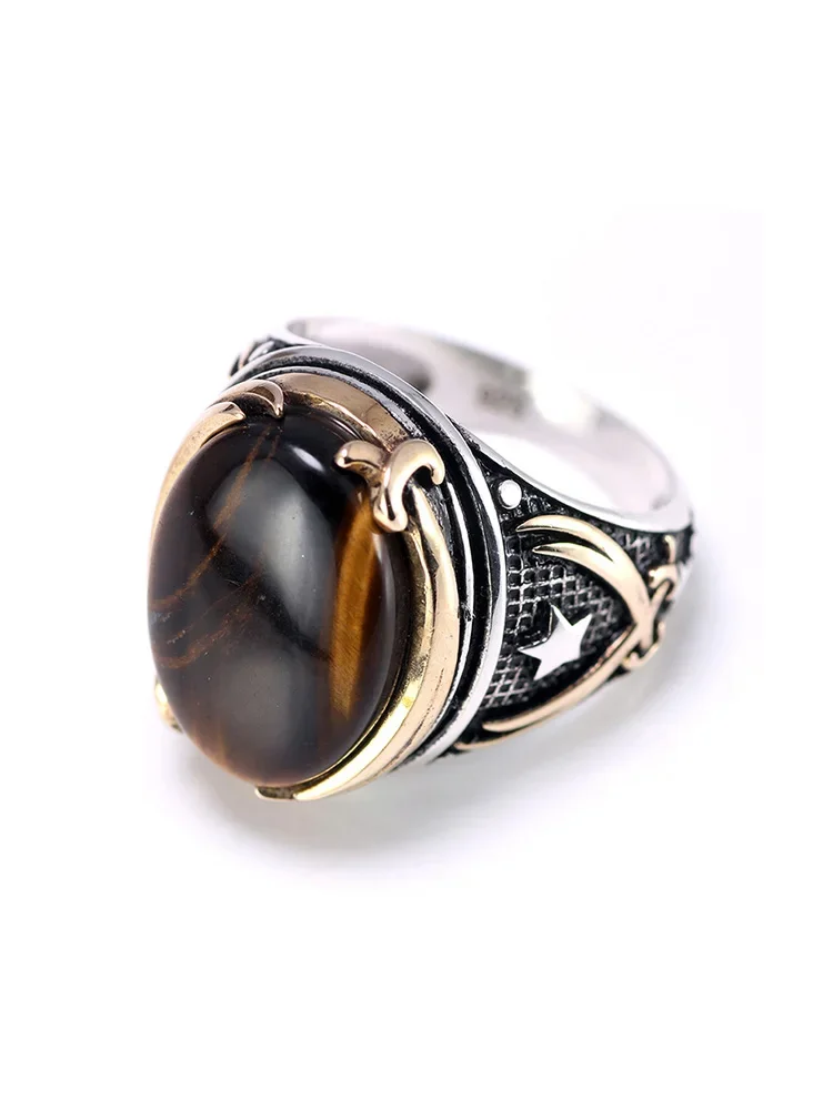 Oryginalne pierścionki ze srebra próby 925 Cool Vintage Pierścionki Natural Onyx Tiger Eye Duże tureckie pierścionki dla mężczyzn z kamieniami Biżuteria turecka — zdjęcie 2