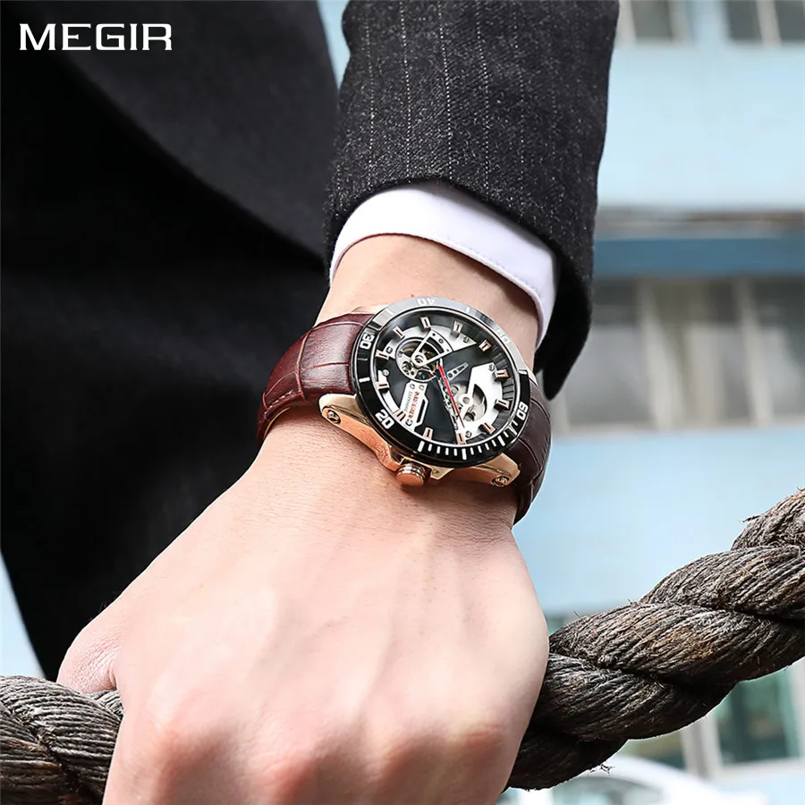 MEGIR Fashion Leather Watches for Men Sapphire Stainless Steel Automatic Mechanical Watch Sports Clock Montre Homme 62069