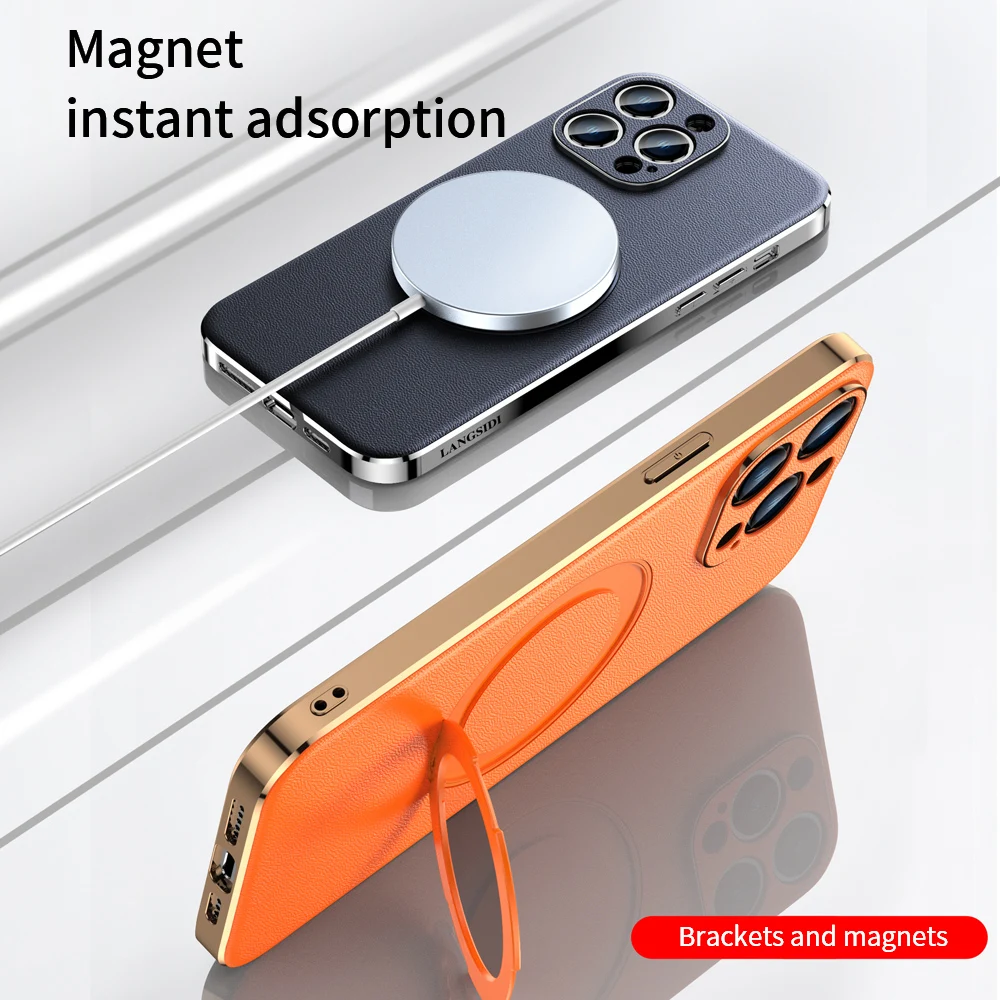 Magnetic Leather Holder Phone for Magsafe Case for iPhone 16 15 14 12 13 Pro Max 16 Plus Ring Plating Lens Protection Back Cover