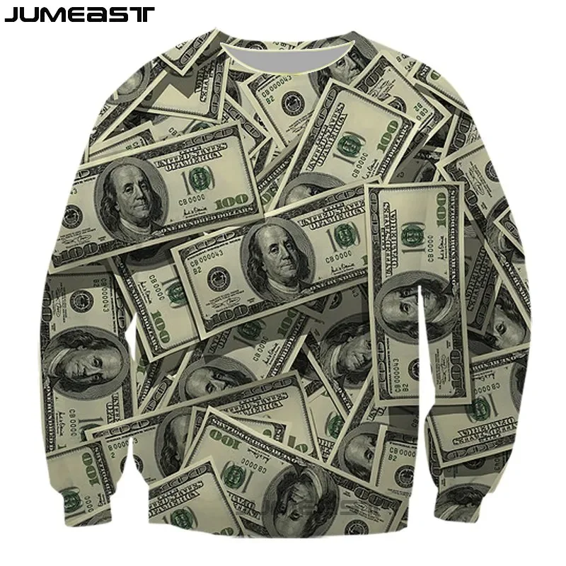 Jumeast Men Women 3D Sweatshirt Money Dollar Banknote Oversized Streetwear Long Sleeve T Shirt Spring Autumn Pullover Tops Tees