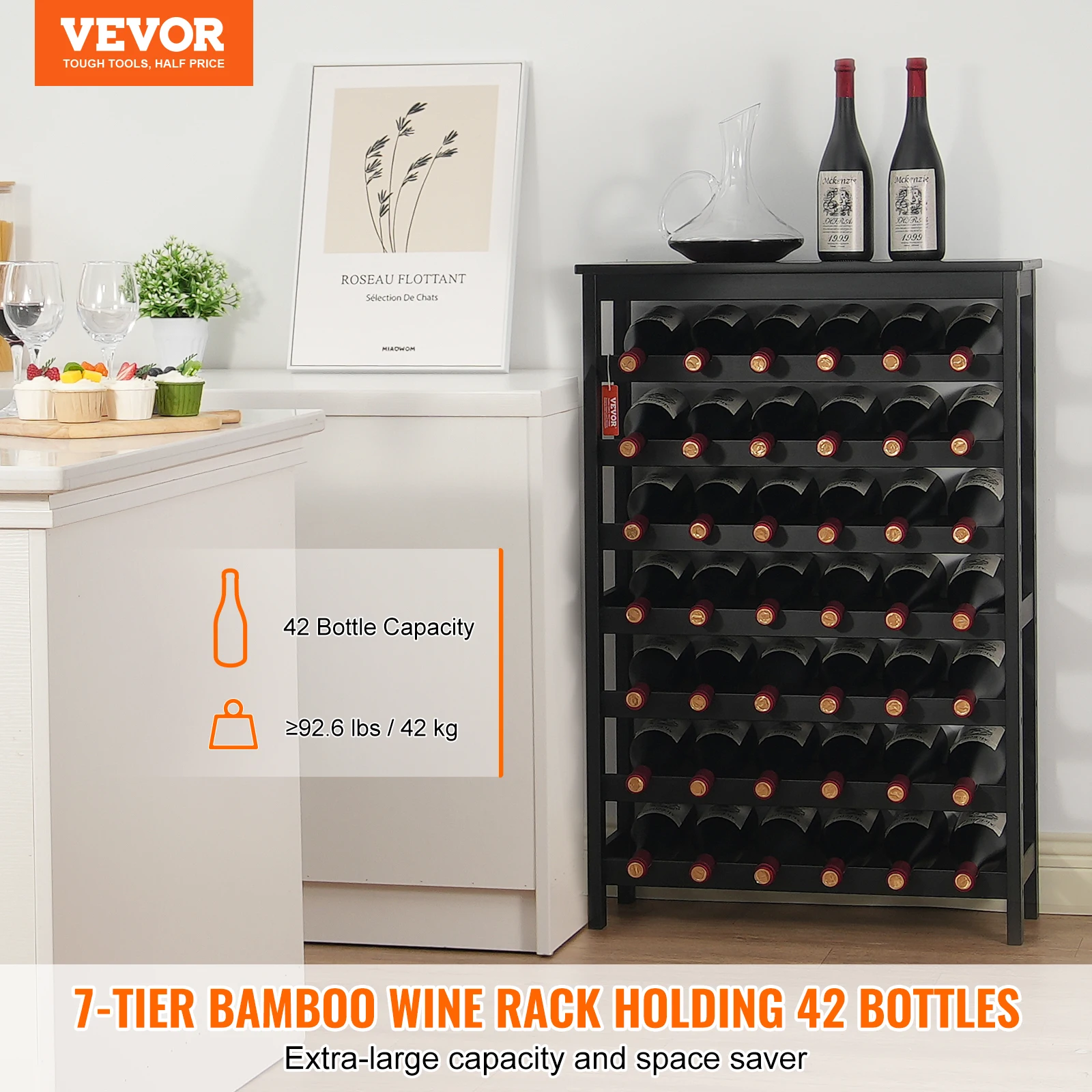 VEVOR 42 Bottle Modular Wine Rack Solid Bamboo Wood Storage Racks with Table Top Floor Freestanding Wines Holder Display Shelf