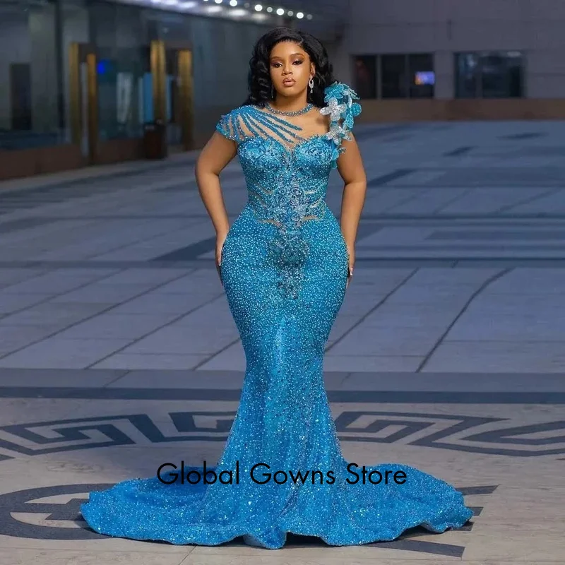 

Aso Ebi Prom Dresses With Appliques Lace Sequins Glitter African Birthday Party Dress Sequined Plus Size Evening Gowns Sleeve