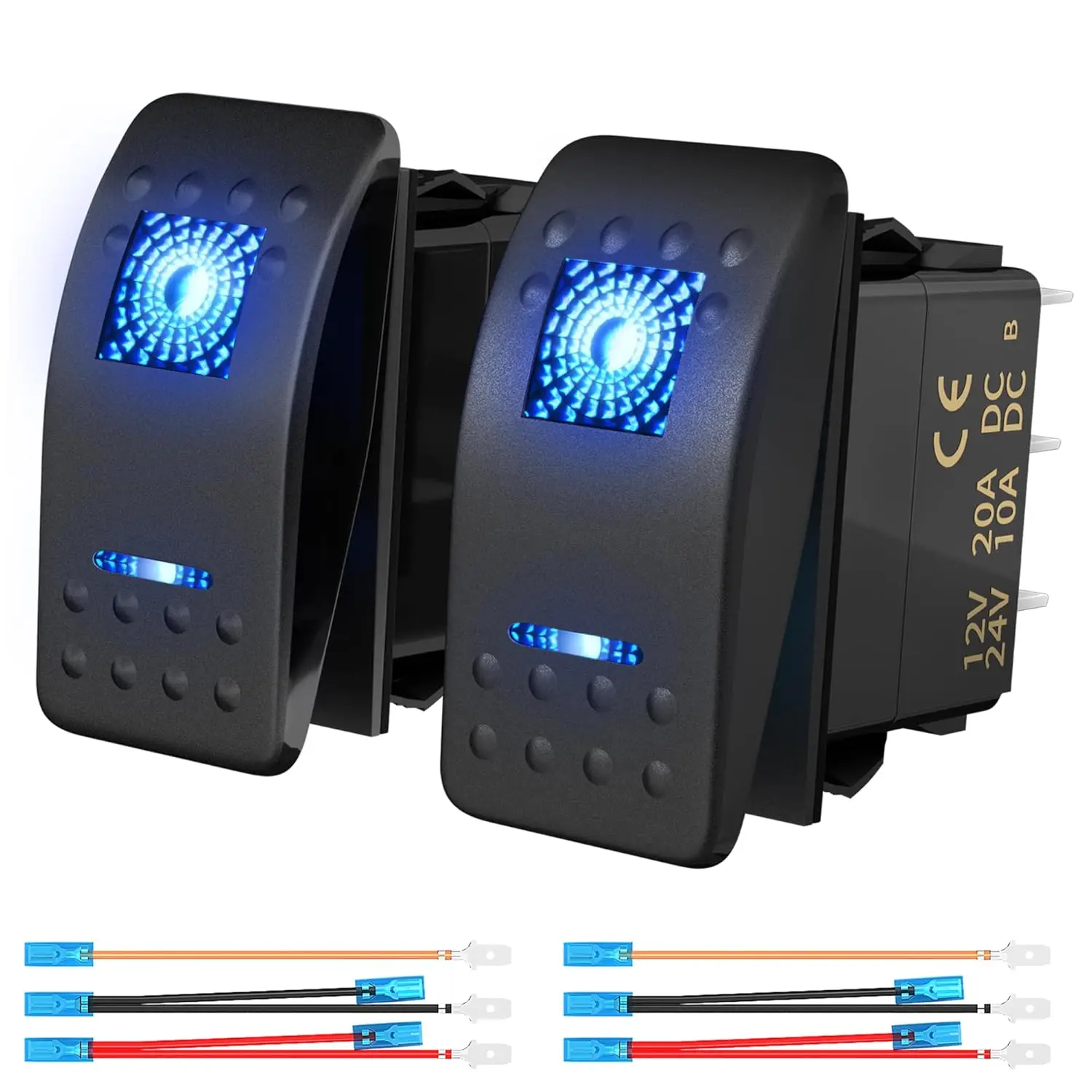 2 Marine Rocker Switches, 12V 20A, Blue LED Light Bar Switch, 5-Pin SPST On/Off, for UTV RZR AUTO Boat, with Cables