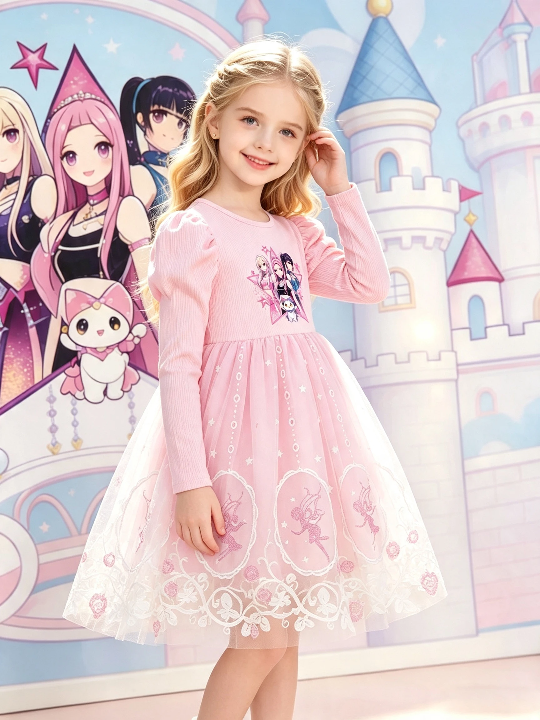 Girls' Cartoon Print Long Sleeve Tulle Princess Dress, Pink Puff Sleeve Elf Embroidered Lace Tutu Dress, Kids Spring and Autumn