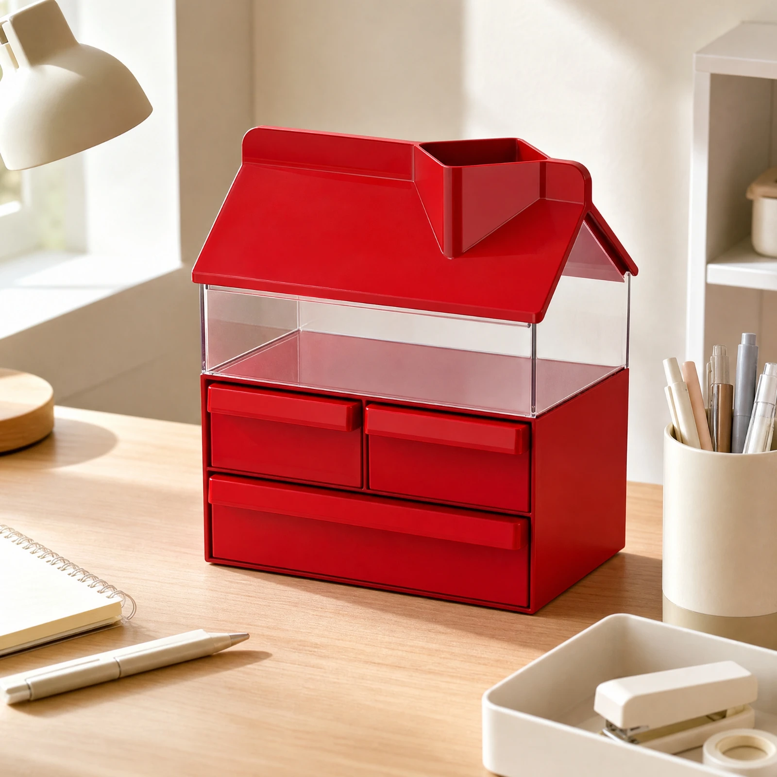 House-Shaped Desk Organizer Multi-Functional Desktop Organizer with Pull-out Drawers Long-Lasting No Installation Required