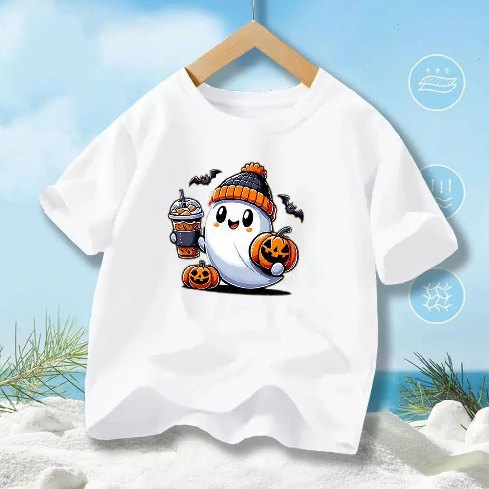 Unisex-Halloween-T-Shirt für Kinder, mit niedlichem Geister- und Kürbis-Motiv, kurzärmeliges Oberteil, Sommerkleidung für Jungen und Mädchen, Partykleidung.