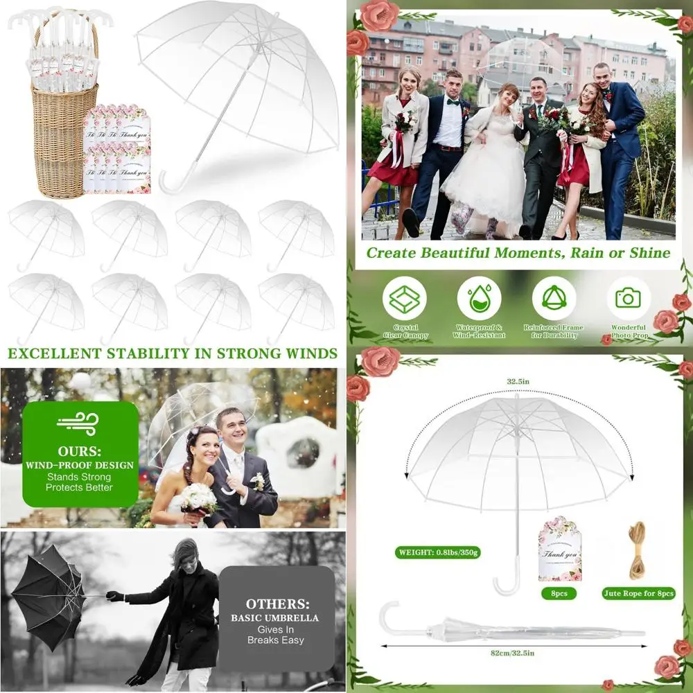 

Clear Bulk Wedding Umbrellas with Stick Handles, Guest Favors, Thank You Cards, and Rope for Outdoor Weddings