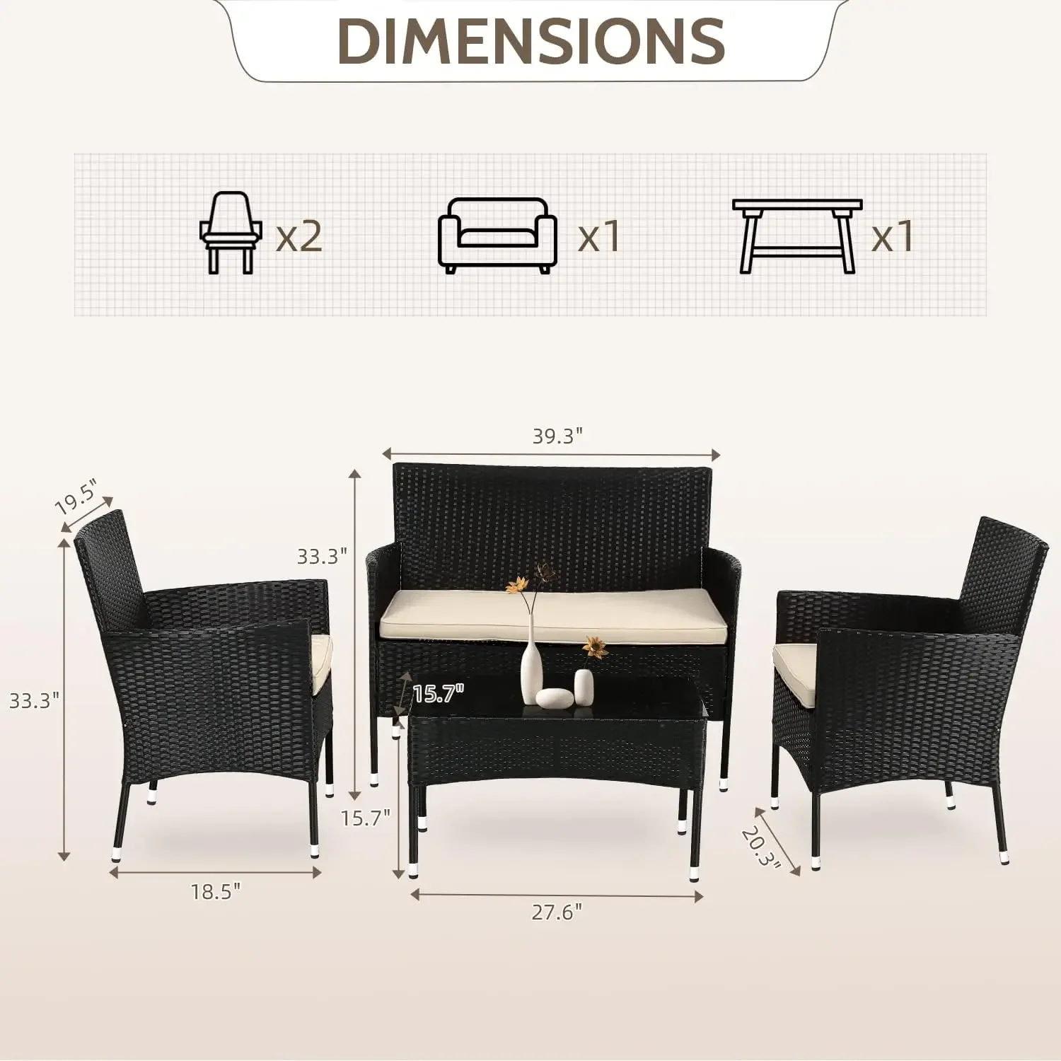 Set furnitur teras 3/4/5 buah, kursi anyaman rotan luar ruangan Sofa taman Bistro Set untuk halaman, kolam atau halaman belakang