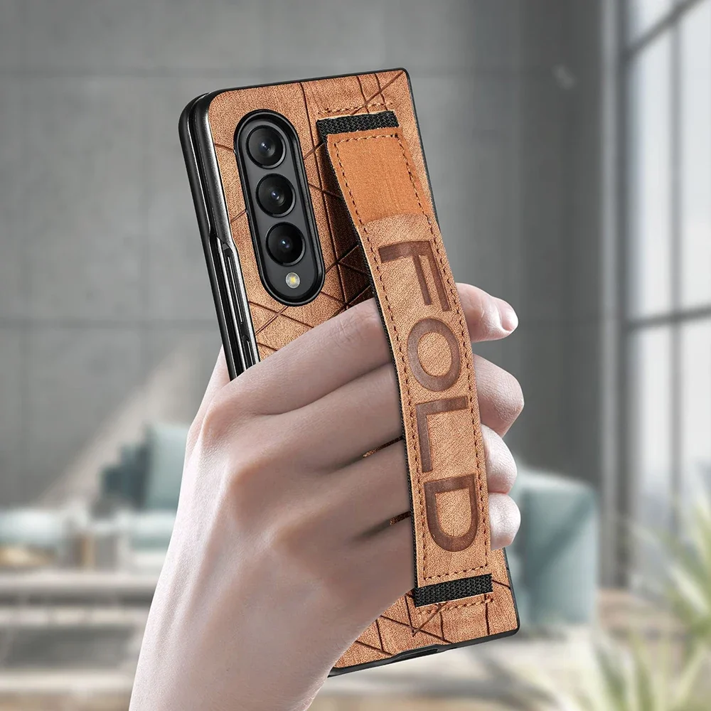 Leather Case for Samsung Galaxy Z Fold 6 5 4 3 5G Cover Stripe Geometric Soft Shockproof Hand Band SPen Slot Shell Funda Holster