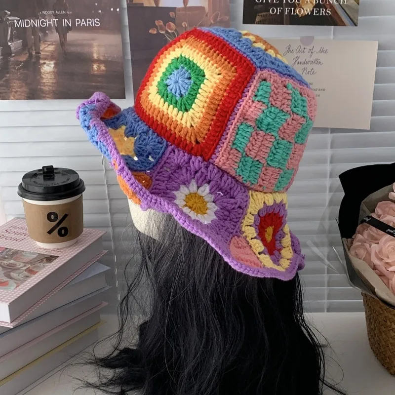 Korean Contrasting Color Flower Handmade Crochet Bucket Hats Women Spring and Autumn Versatile Fashion Big Brim Retro Basin Cap