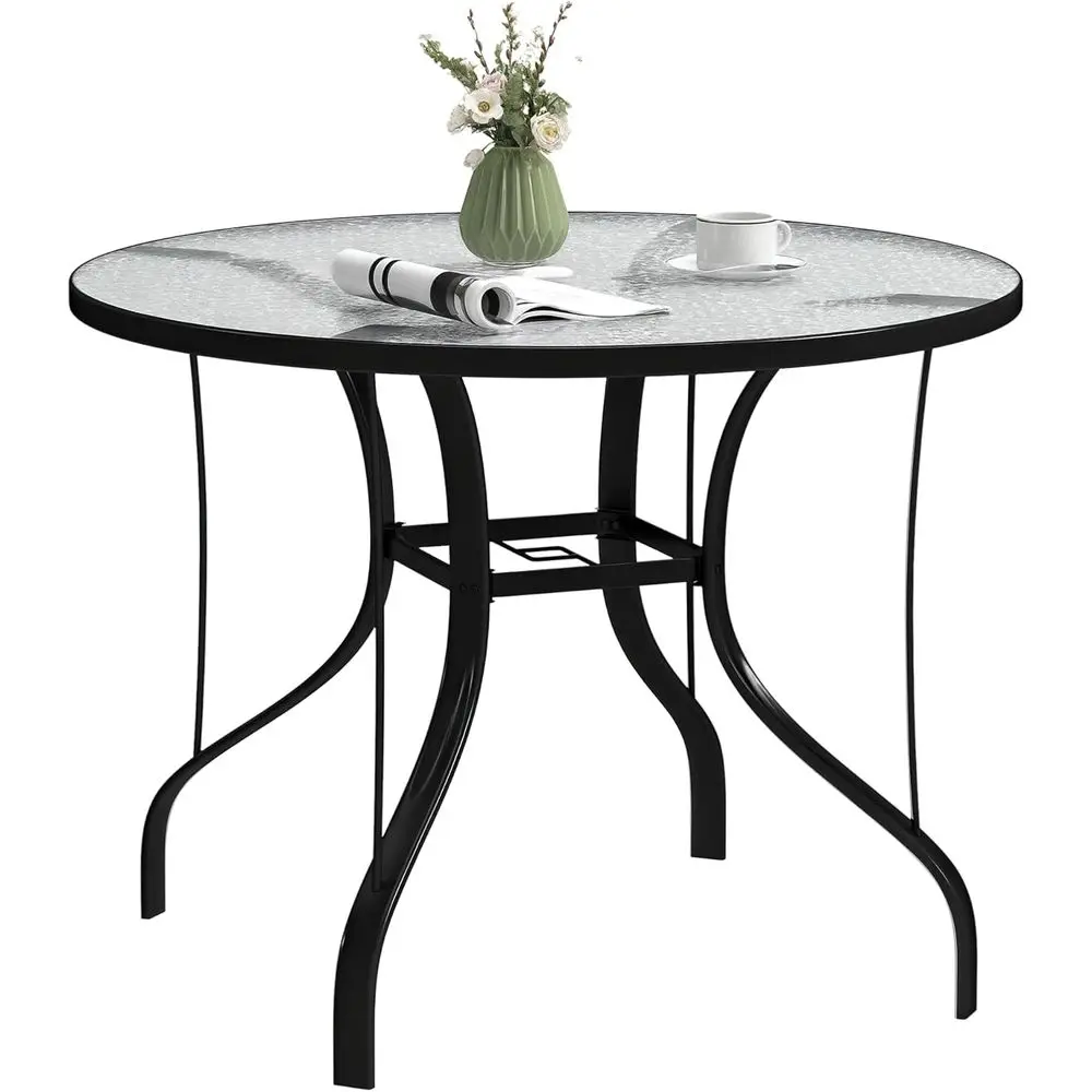 

38 Round Outdoor Patio Dining Table with Umbrella Hole, Tempered Glass Top, Metal Frame, Suitable for Bistro, Deck, Yard, Balcon