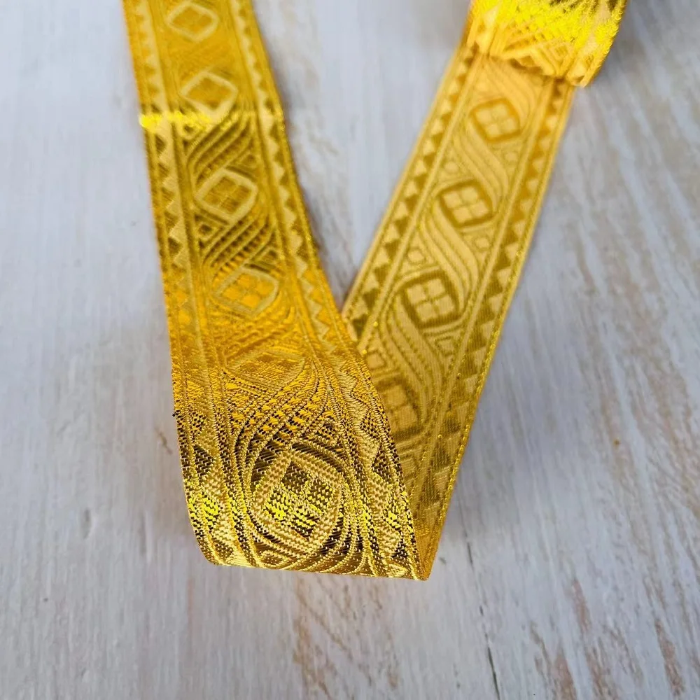 7 Meters /Lots Ethnic Style Webbing Woven Jacquard Ribbon 3.3 CM  Gold For Garment Straps Accessory IS-3280