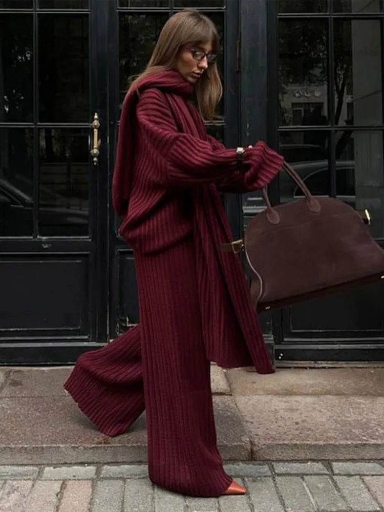 Elegant Knit Red Set With Scarf Women Christmas Long Sleeve V Neck Loose Sweater Sets 2025 Chic Elastic Wide Leg Pants Suit