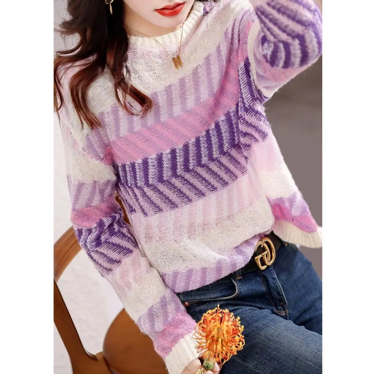 

2023 Women's New Autumn Winter Leisure Loose Pullovers Female O-neck Sweater Tops Ladies Long Sleeve Striped Knit Tops E492