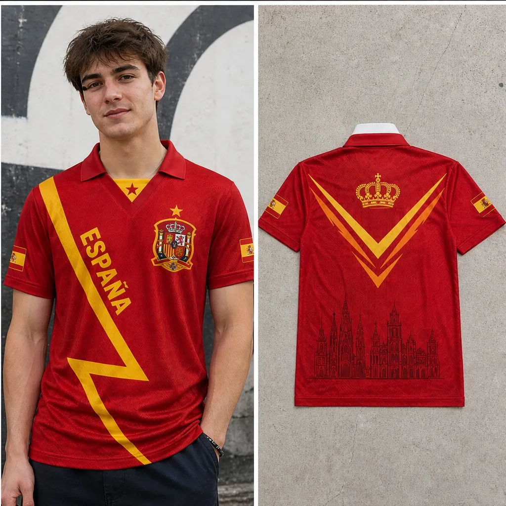 Mens Semi Polo V Neck T Shirt Spain Crest Pattern Short Sleeve Casual Heritage Scenic Summer Streetwear Royal Top Cathedral Look