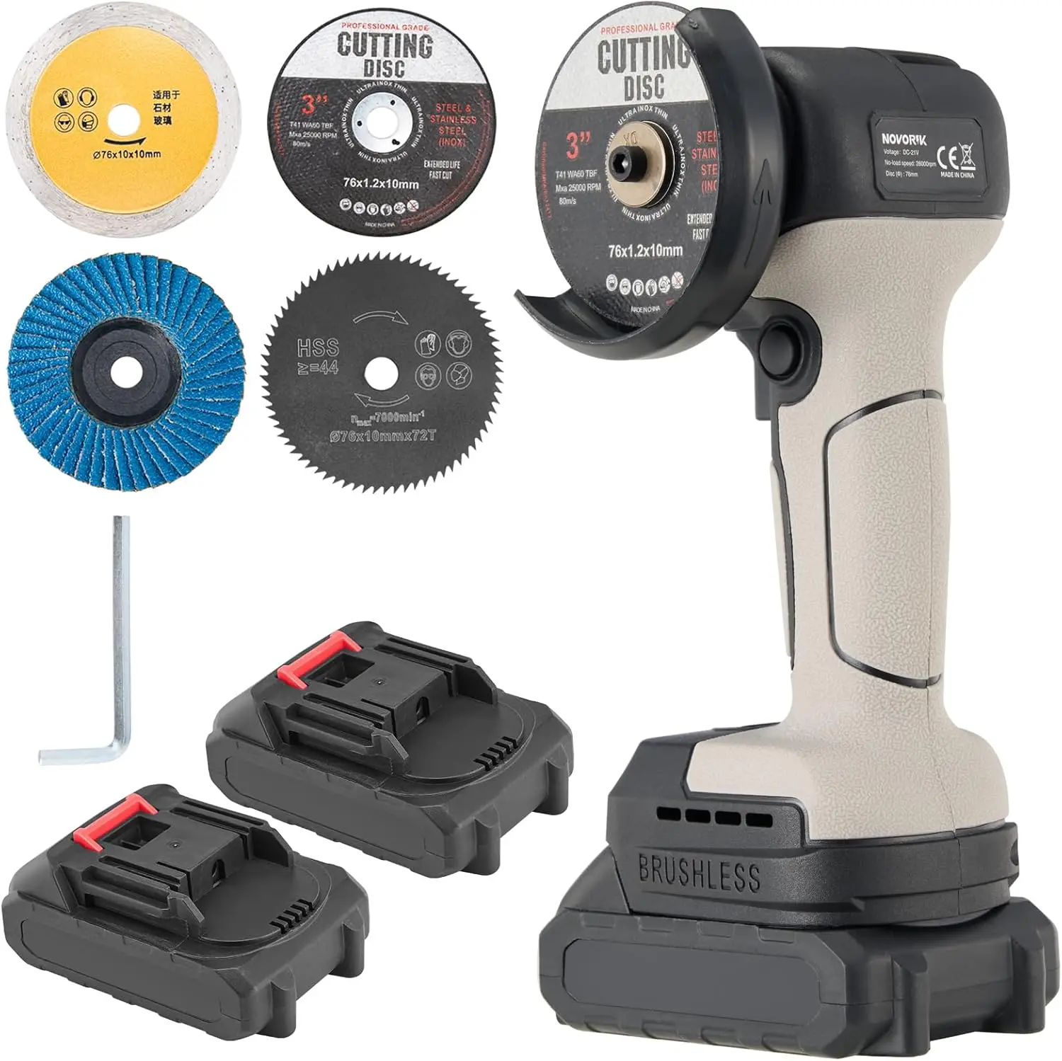 

Brushless Cordless Mini Angle Grinder with 2 Batteries & 5 Discs for Wood Metal Stone Concrete