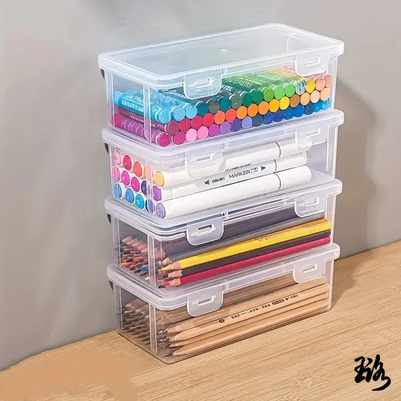 large transparent PP storage boxes with lids, used for storing office supplies, pencils, and crafts