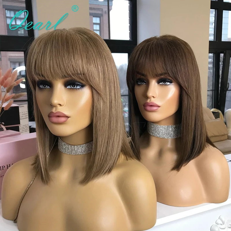 

Dark Brown Blonde Real Human Hair Wigs for Women Lace Front Wig with Bangs Short Bob Wig Small Medium Size Glueless Fringe Qearl