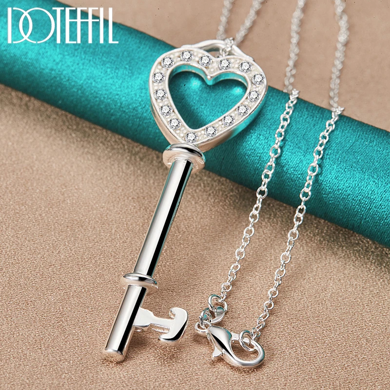 DOTEFFIL 925 Sterling Silver AAA Zircon Heart Key Pendant Necklace 18-30 Inch Chain For Woman Fashion Wedding Engagement Jewelry