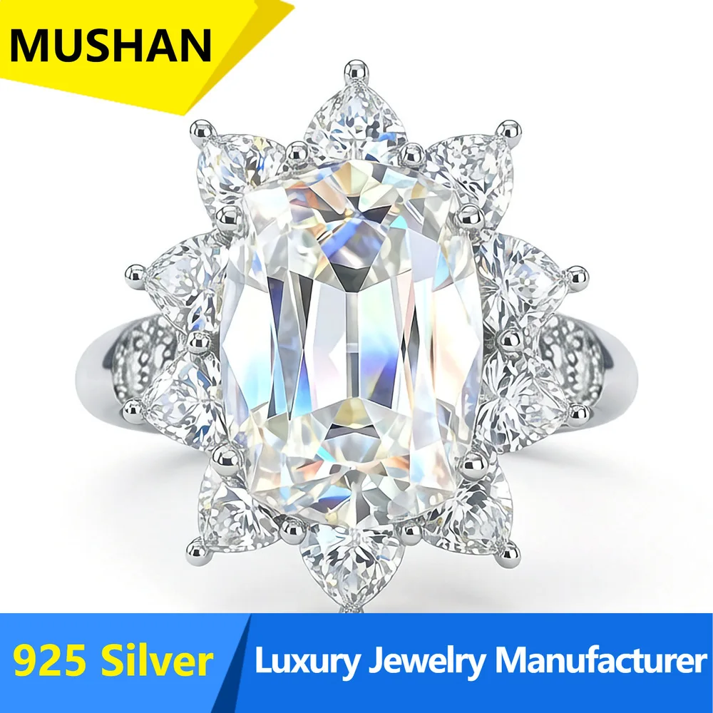 MUSHAN Luxury 925 Sterling Silver Jewelry Factory Cut 10 Carat Moissanite Ring 925 Sterling Silver Flower Bit Diamond Ring