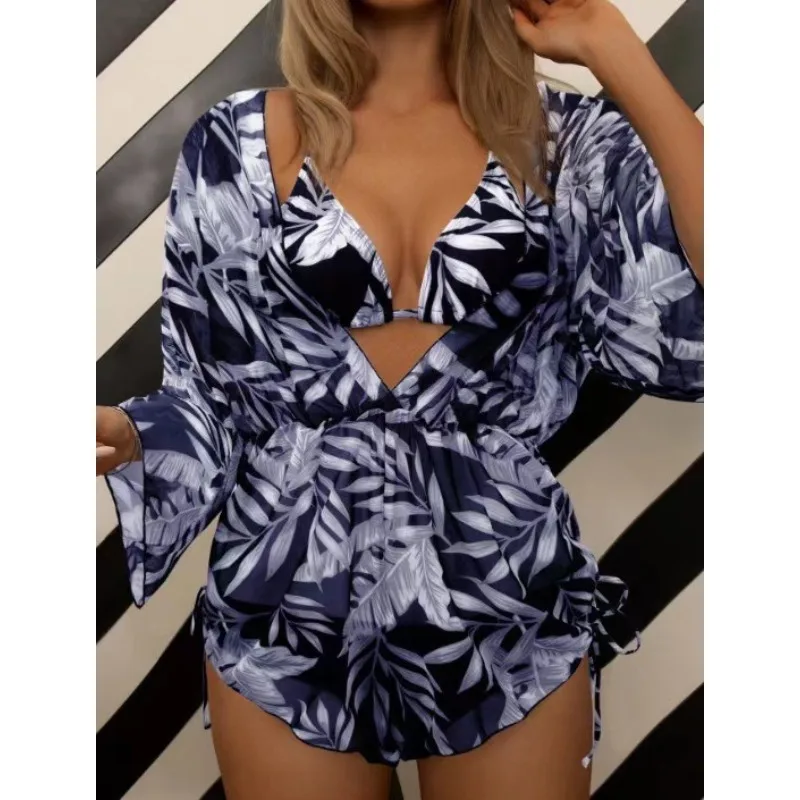 Tropical Plant Print Bikini Set Women's Crossbody Swimwear Three-piece Crossbody Swimwear Polyester Fabric with Chest Pad